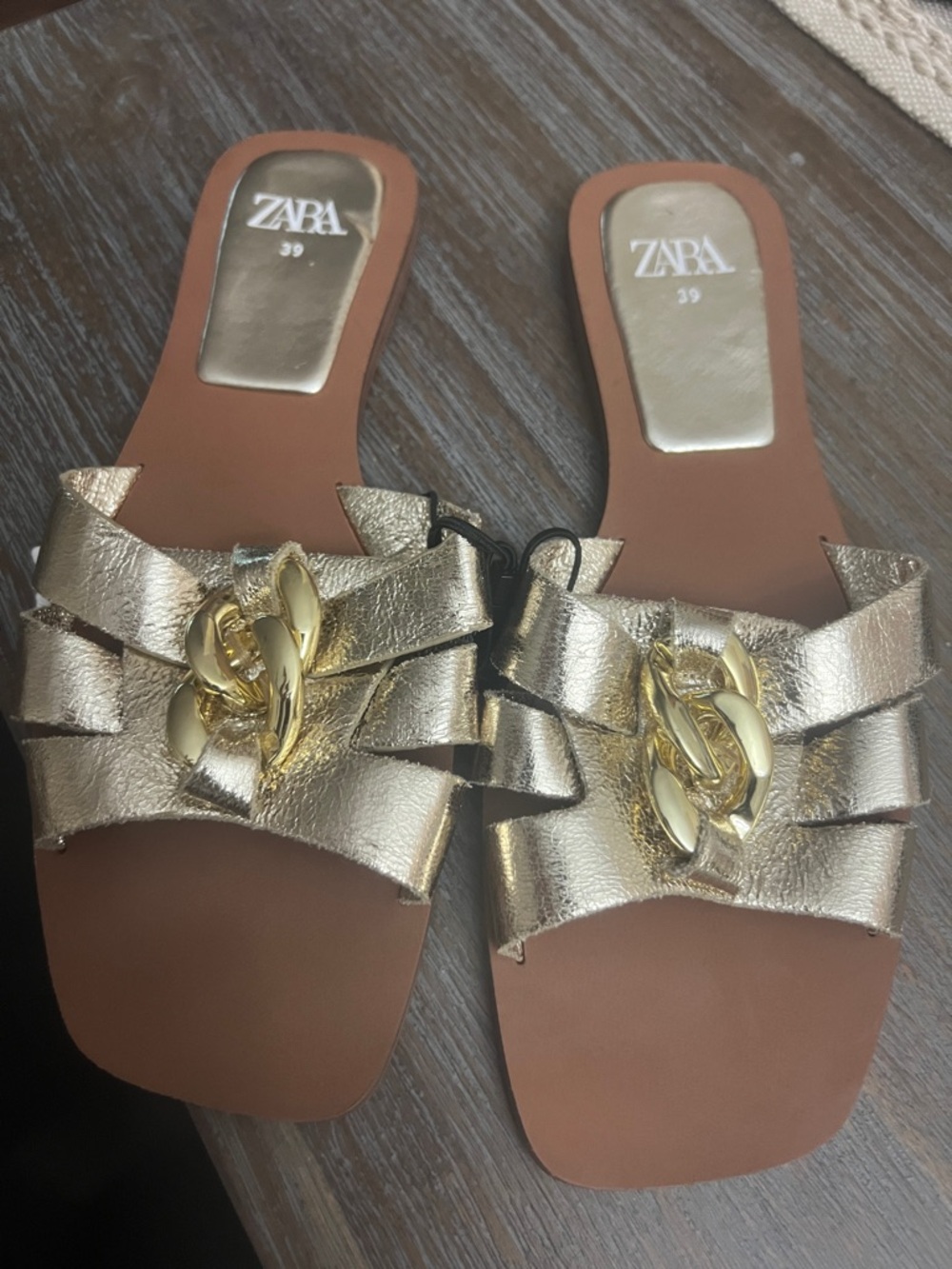 Zara Metallic Gold Chain-Embellished Slide Mules